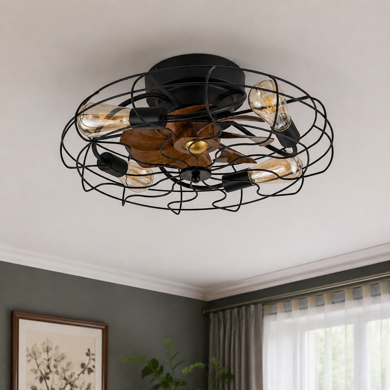 Lampa w kształcie wentylatora sufitowego w stylu vintage zainstalowana w pokoju