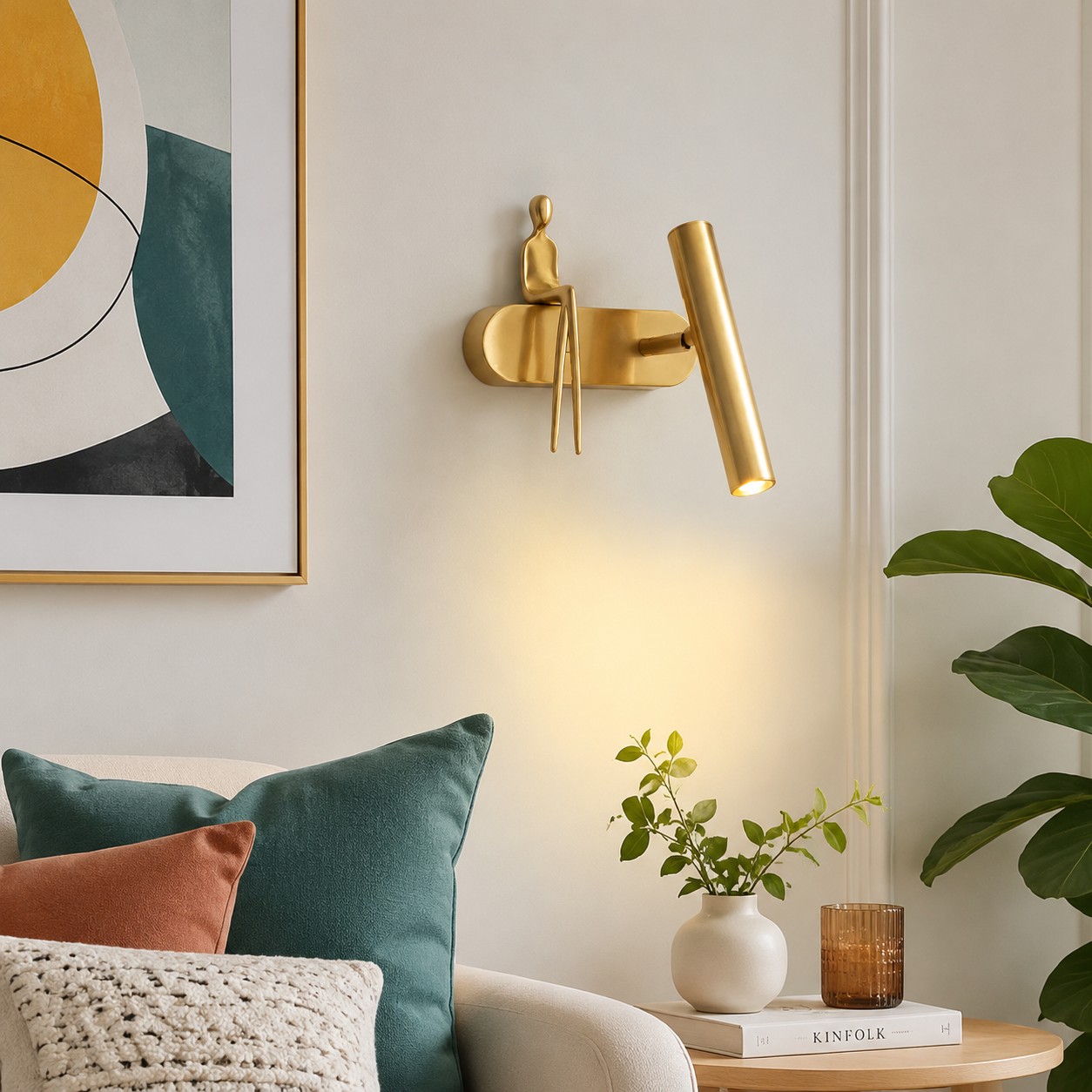 Brass adjustable wall sconce installed above a bedside table