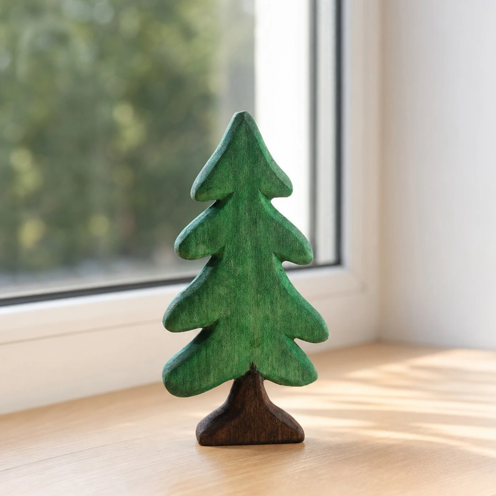 Ornement en bois vert représentant un pin près d'une fenêtre