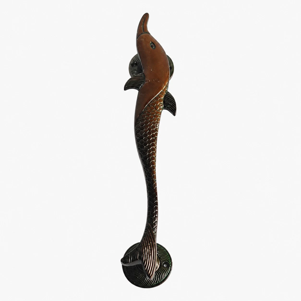 Poignées de porte artisanales en laiton, motif animaux - Dauphin, finition bronze vieilli (standard)