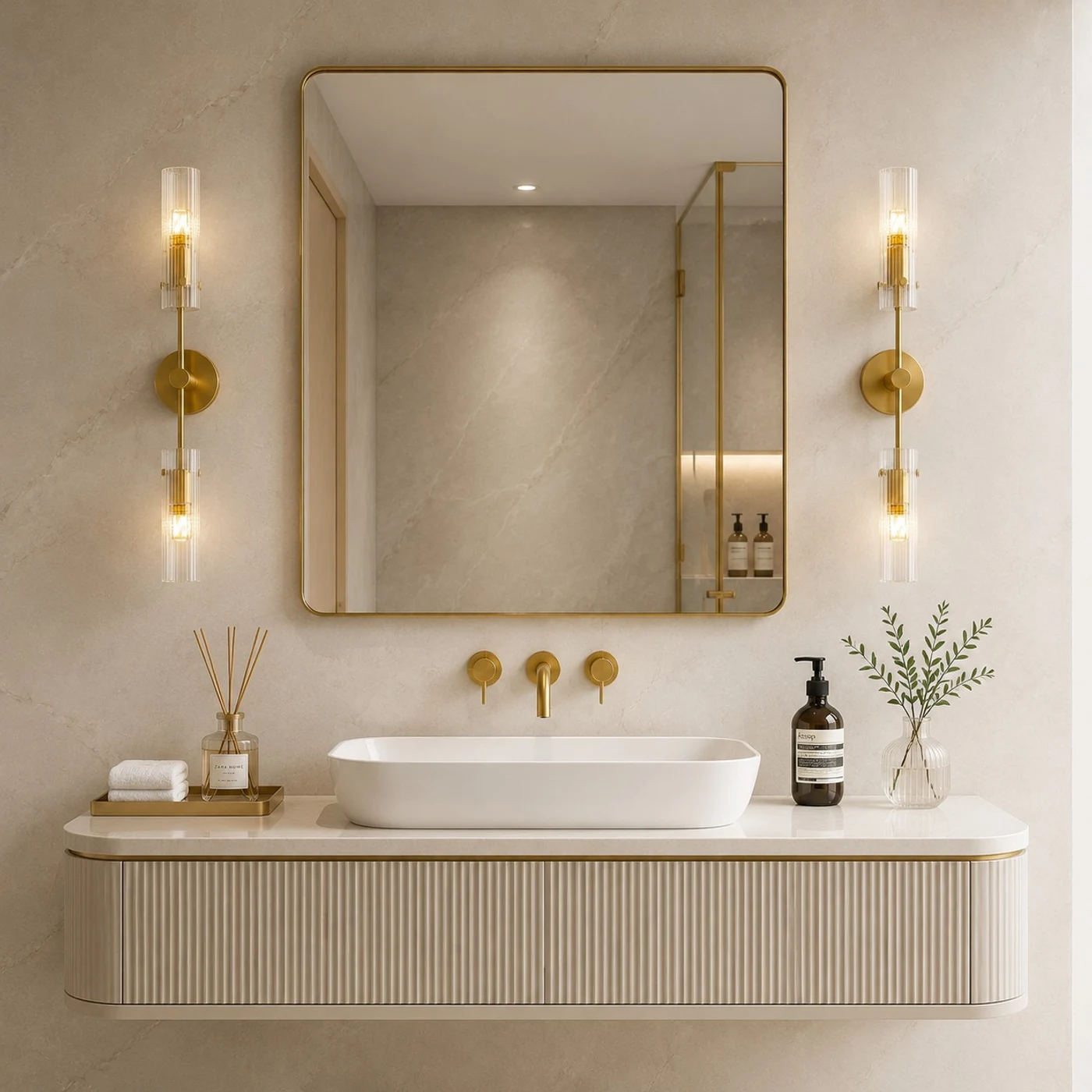Copper two-head alabaster wall sconces beside a modern vanity