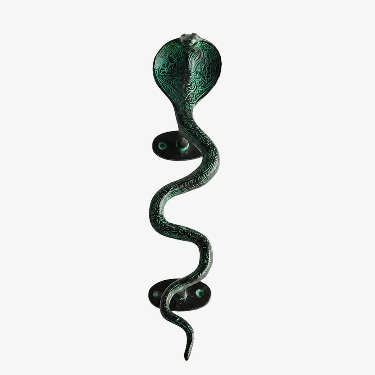Poignées de porte artisanales en laiton, motif animal - Cobra vert-de-gris, grand modèle