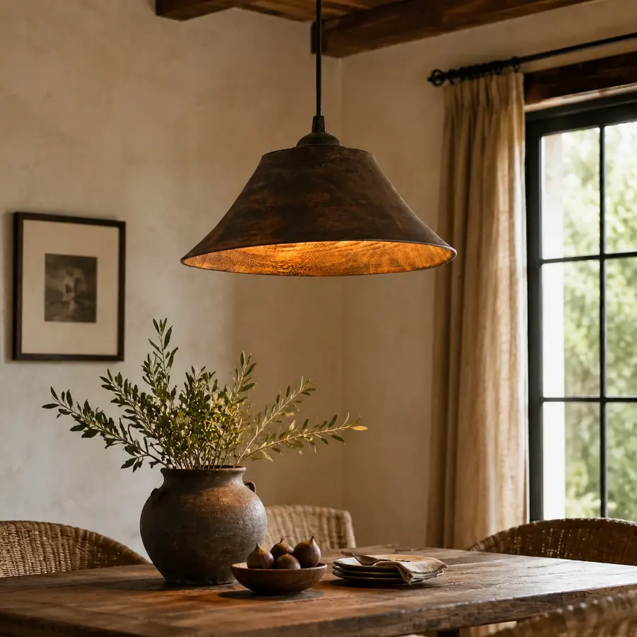 lampa wisząca z ciemnego drewna, stylizowana na naturalny stół jadalny