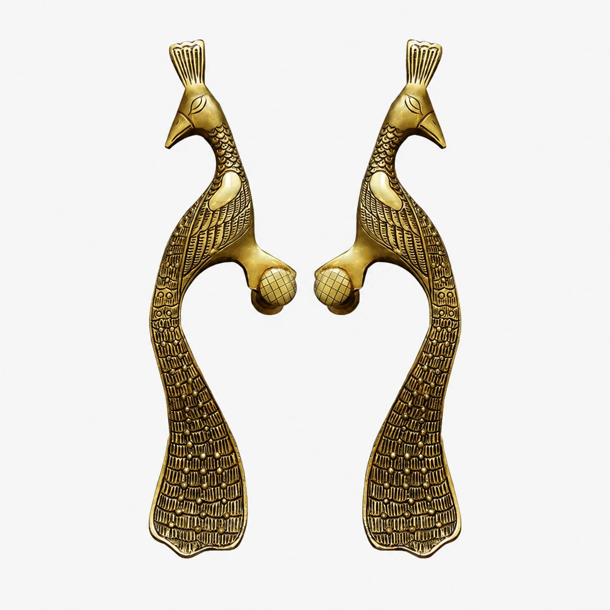 Poignées de porte artisanales en laiton, motif animal - Paon, laiton antique, grand modèle