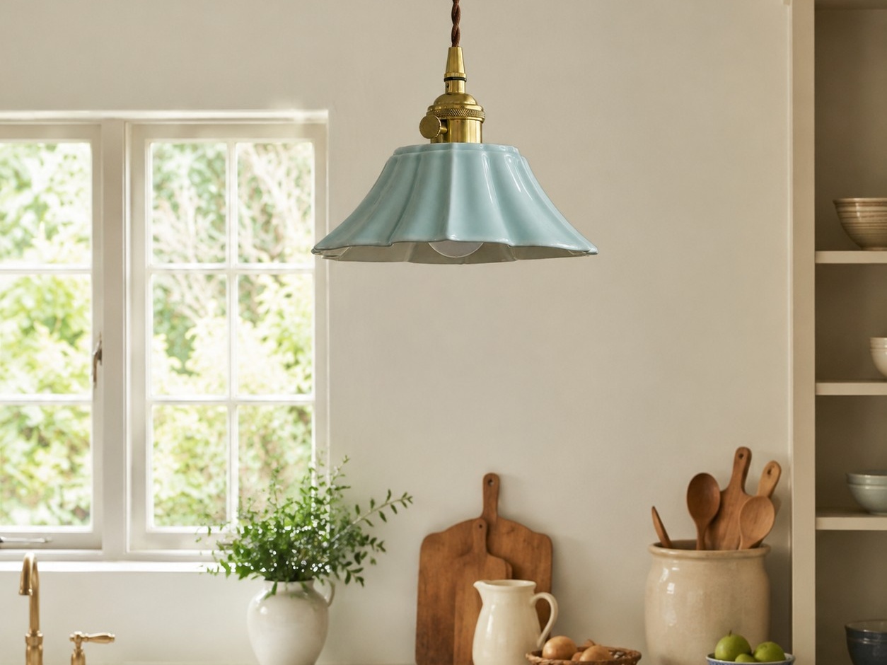 Lampadario a sospensione in ceramica azzurra sopra un luminoso bancone della cucina.