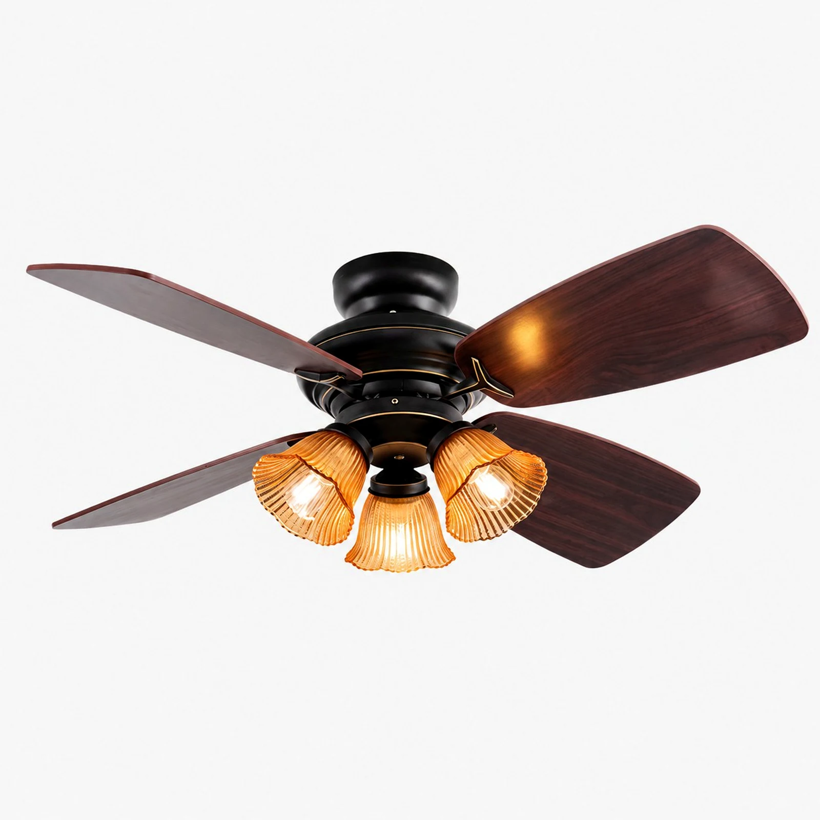 Ventilatore da soffitto con luce integrata, in vetro ambrato nero e pale effetto legno.