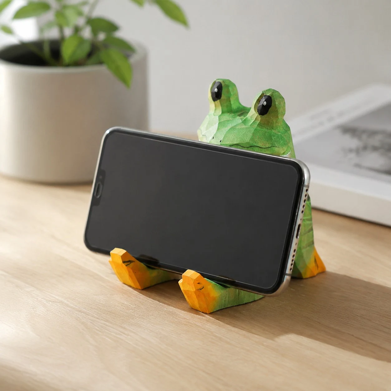 Support de téléphone en bois en forme de grenouille pour téléphone