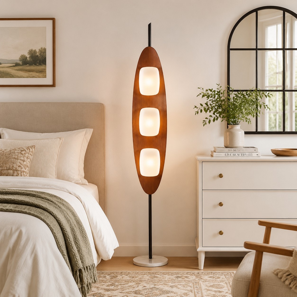 Lampadaire Bauhaus couleur noyer à côté d'un lit et d'une commode dans une chambre chaleureuse