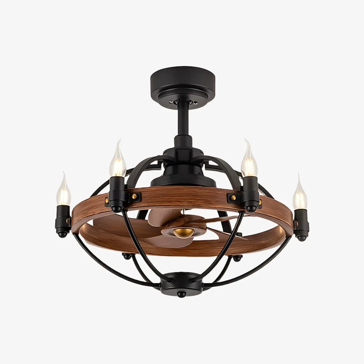 Vista frontale del lampadario a soffitto a forma di ruota di carro della fattoria