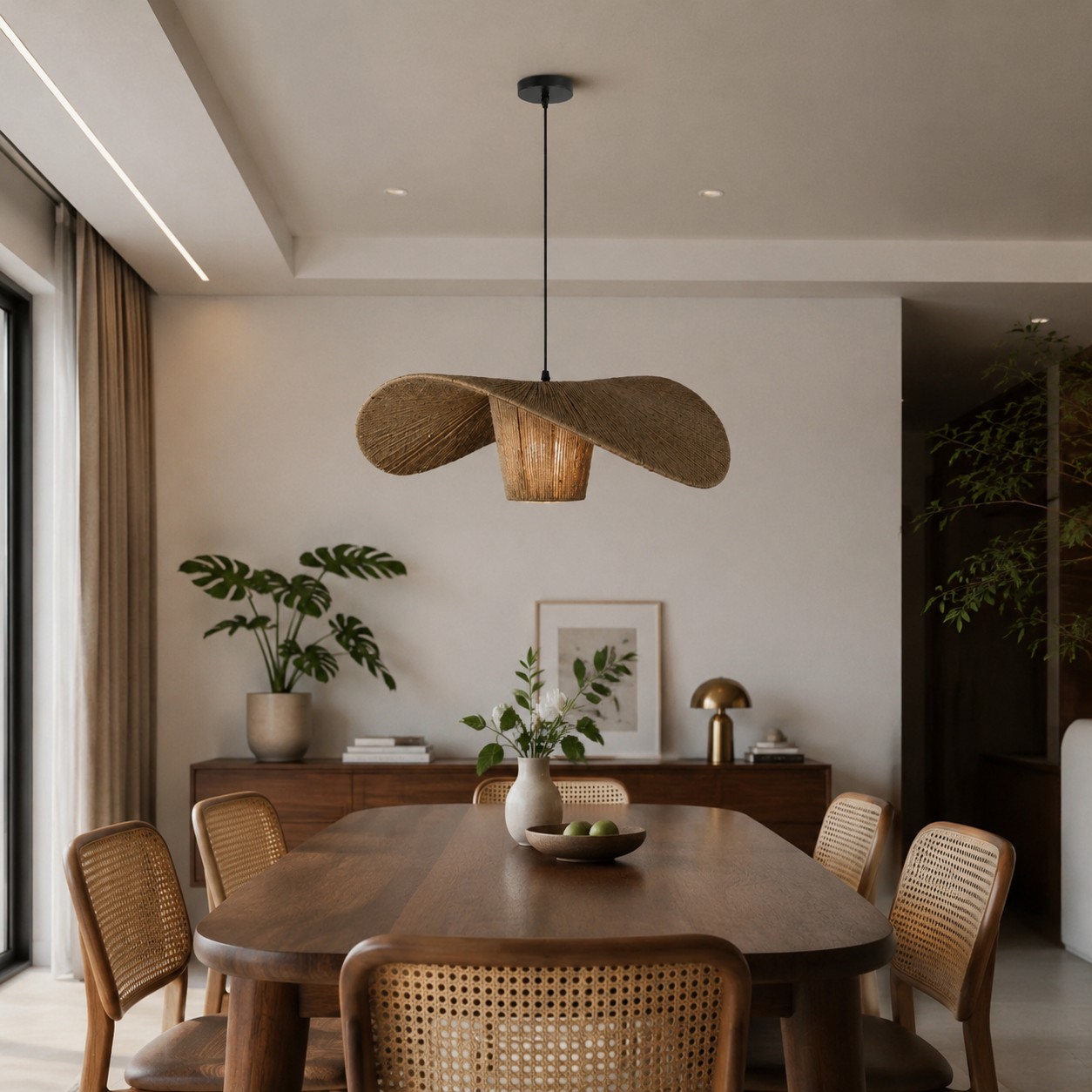 Handgewebte Pendelleuchte mit warmem Interieur-Stil