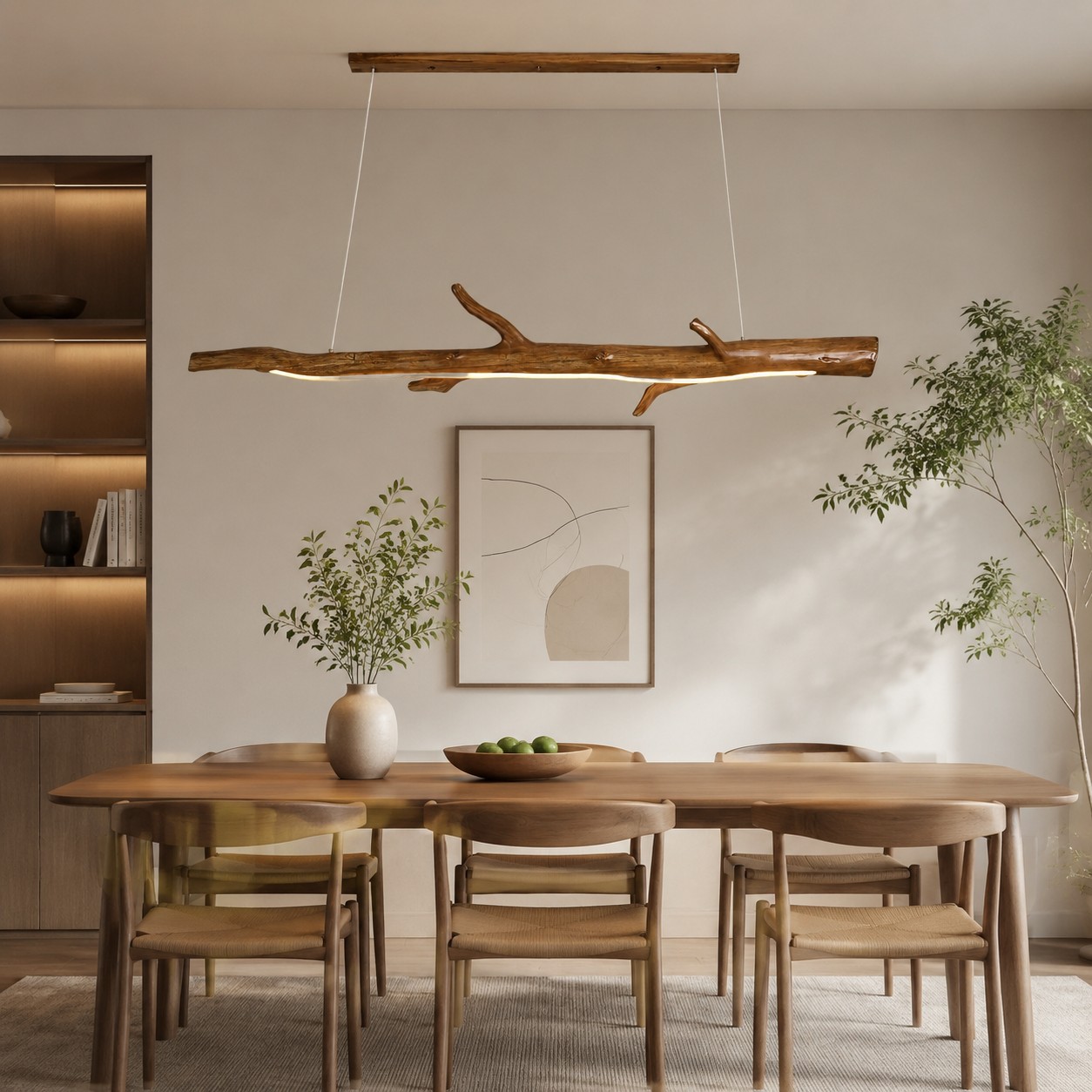 Wood Color Resin Linear Branch Pendant Light in dining room