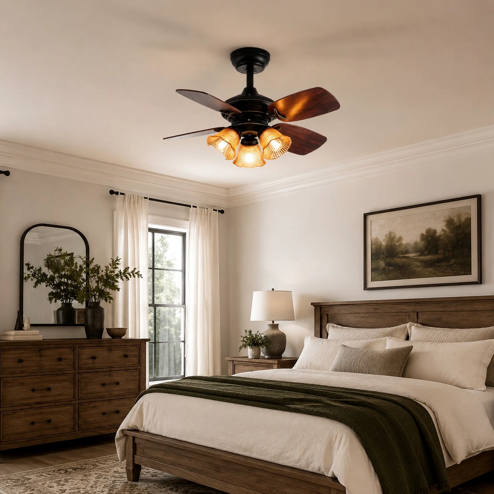 Ventilatore da soffitto con luce a LED in vetro ambrato nero installato in una camera da letto