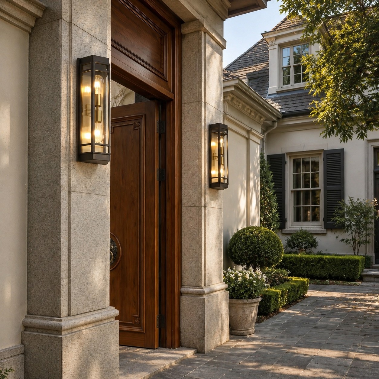 Modern black glass outdoor wall sconce installed beside a villa entry