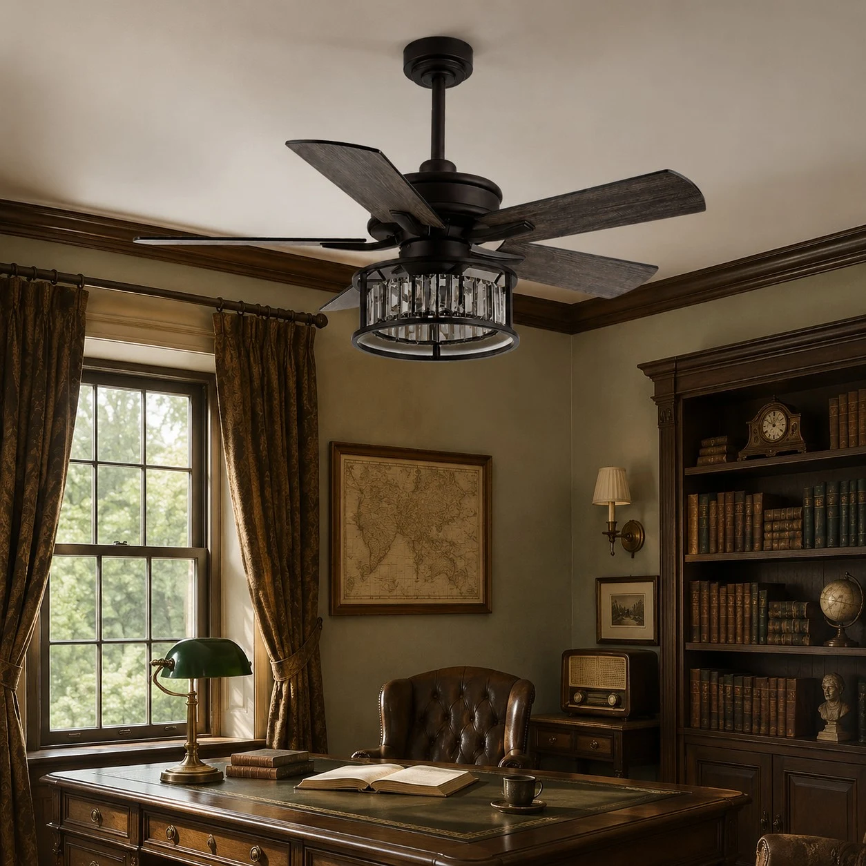 Ventilateur de plafond avec éclairage intégré et cage noire installé dans une pièce classique