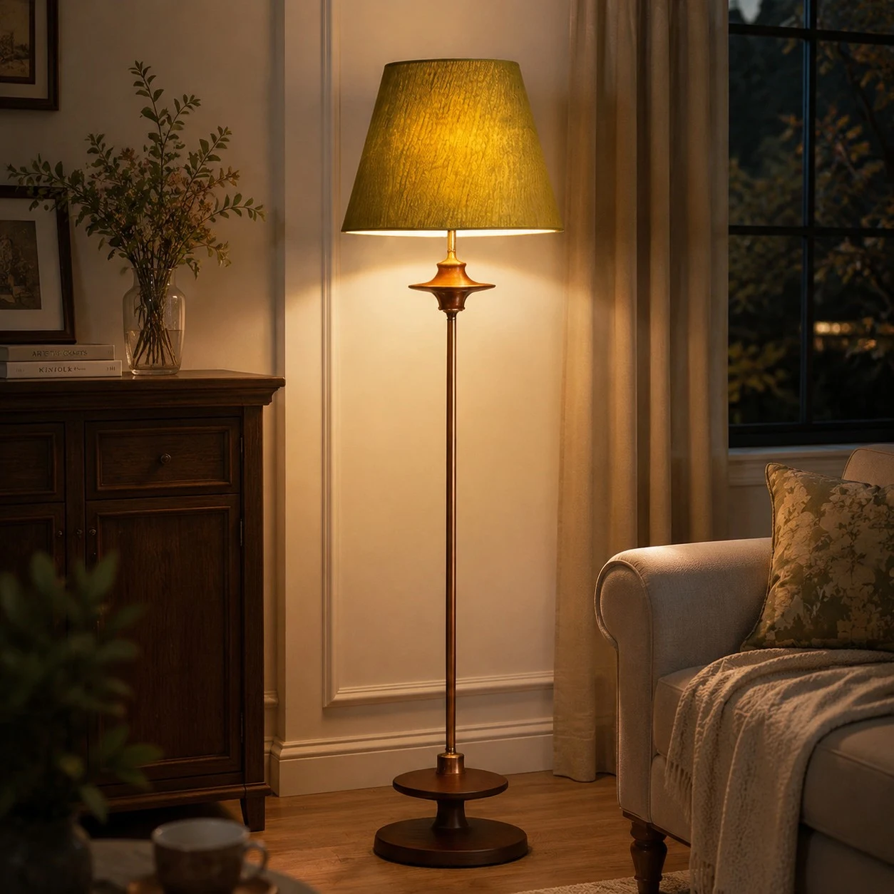 Eine Vintage-Stehlampe schafft eine warme Wohnzimmeratmosphäre.