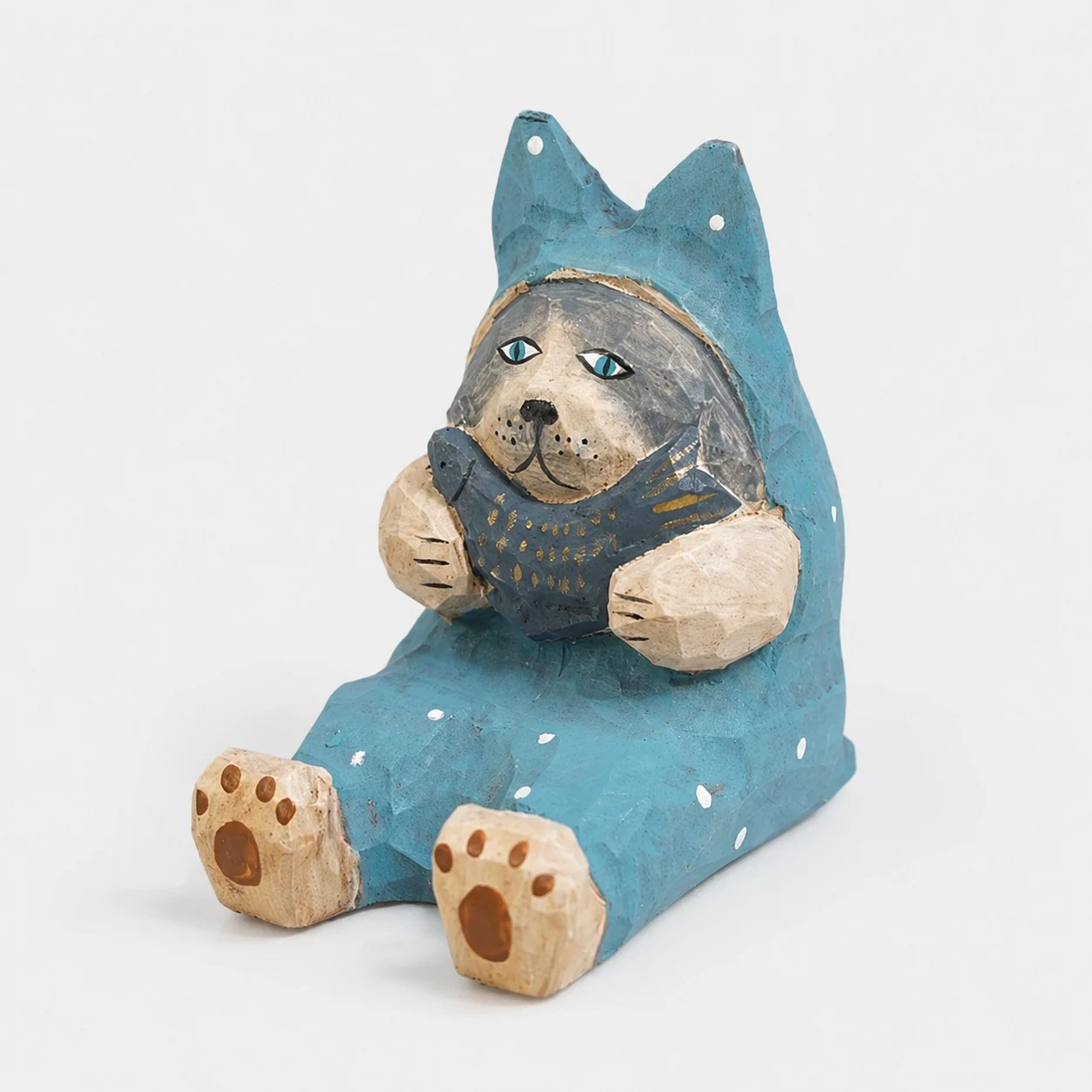 Support de téléphone en bois sculpté à la main en forme de chat poisson