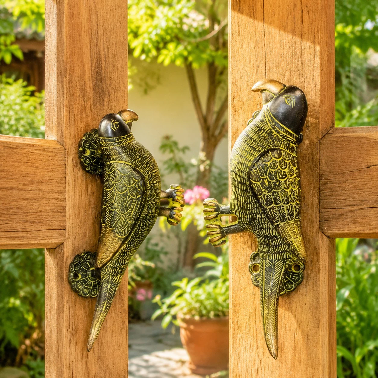 Poignées décoratives en laiton en forme d'animaux installées sur une porte en bois