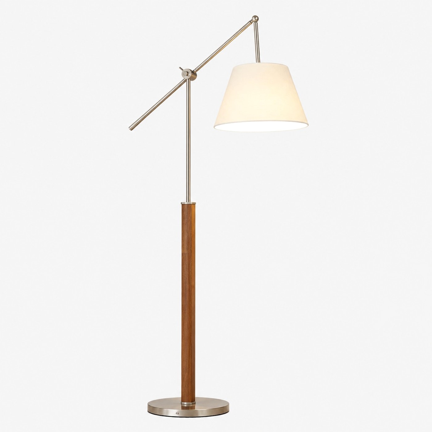 Weiße Stehlampe mit Schwenkarm aus Stoff – vollständige Produktansicht