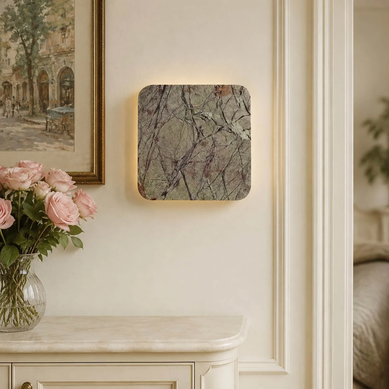 Stone wall light by mantel wall