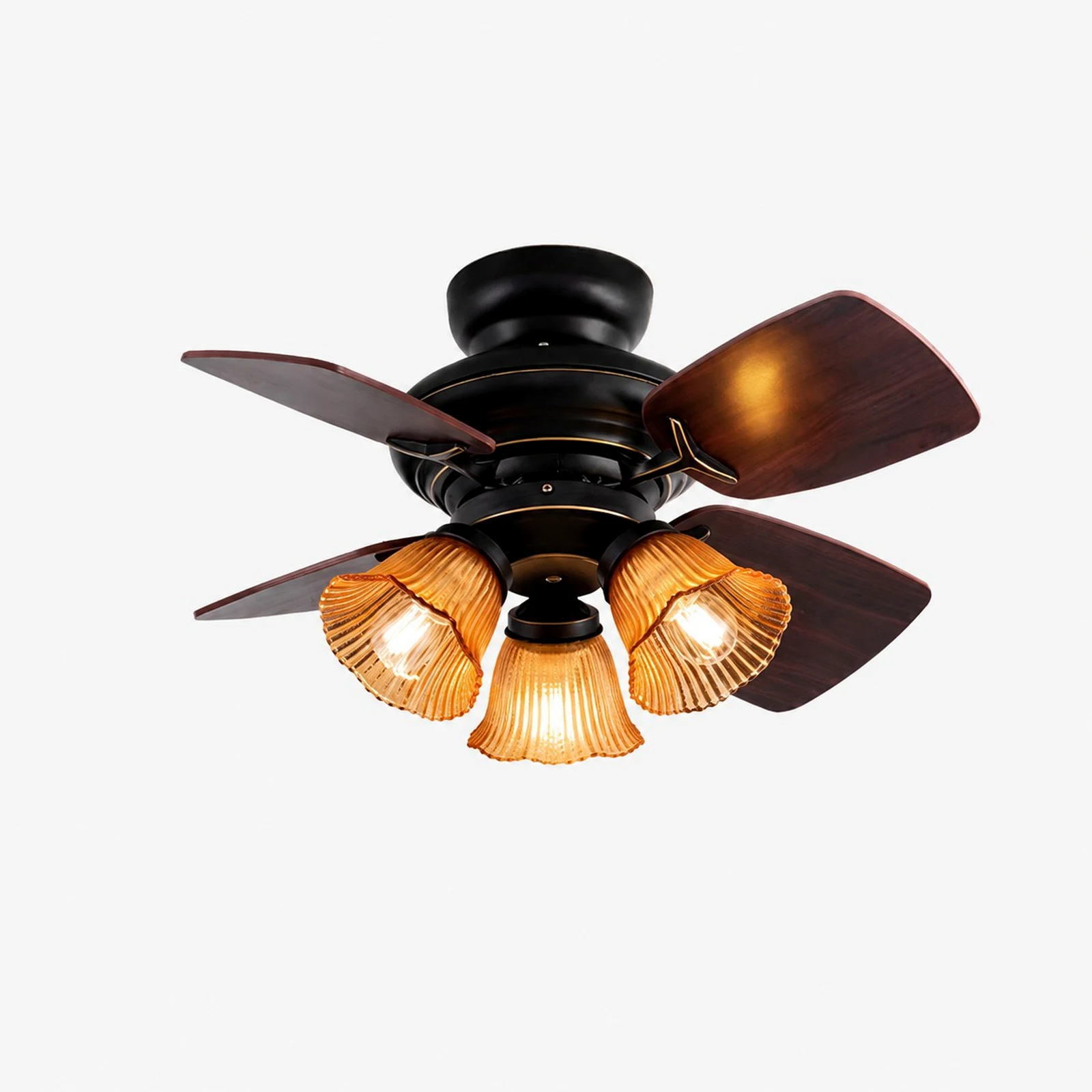Profilo frontale del ventilatore a soffitto con luce in vetro ambrato nero