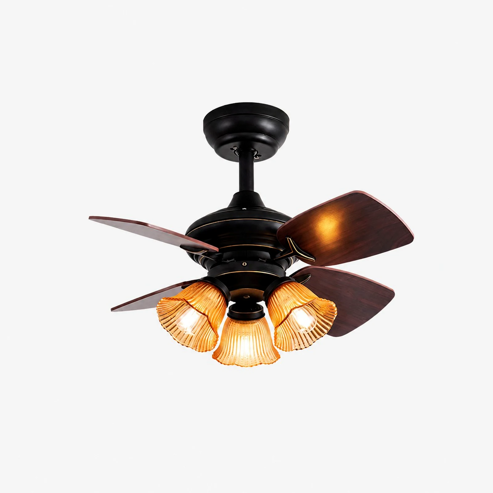 Ventilatore da soffitto con lampada a sospensione in vetro ambrato nero, stile asta.