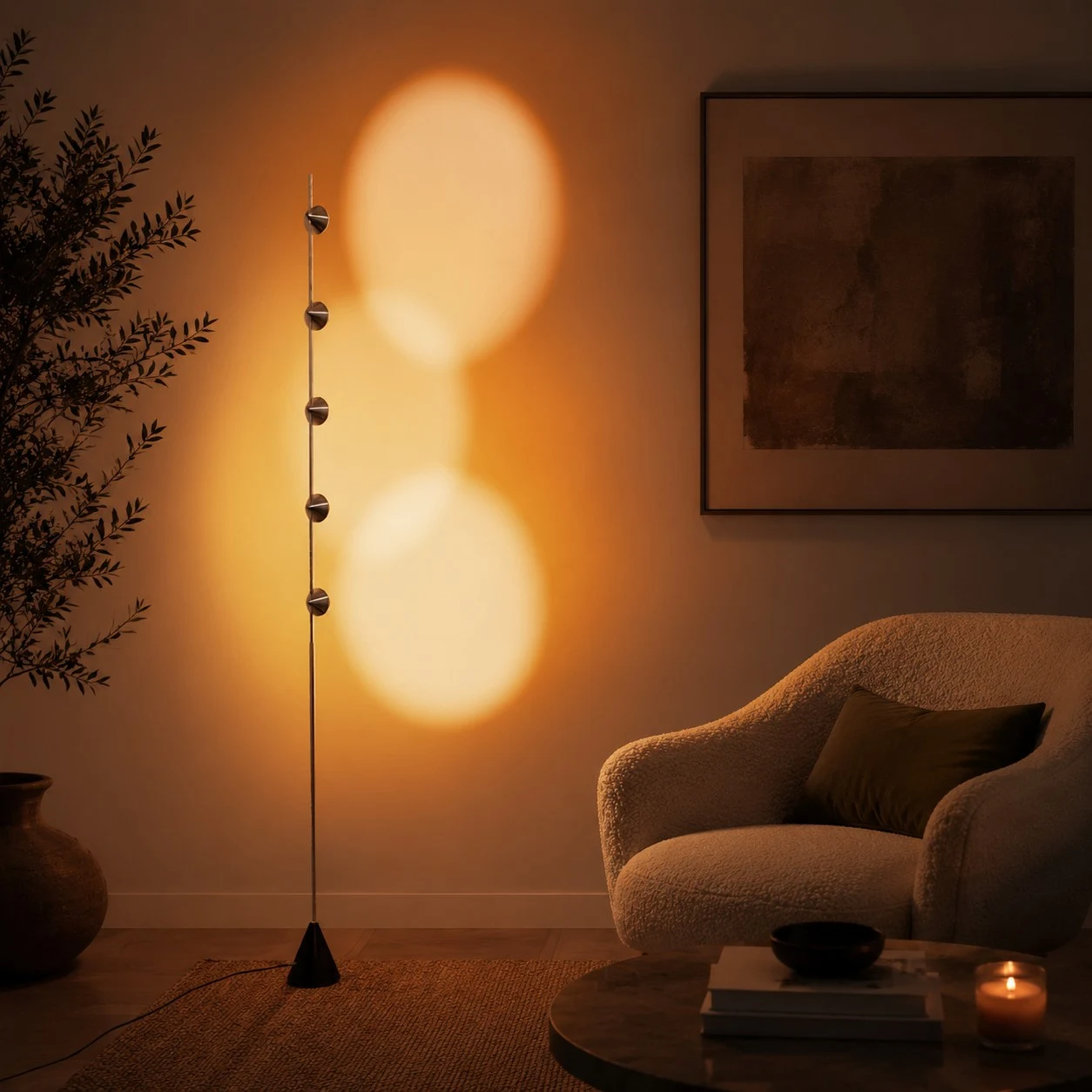 Lampadaire à projection de coucher de soleil à côté d'un fauteuil.