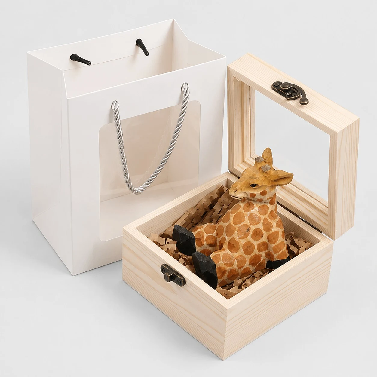 Coffret cadeau girafe avec support de téléphone en bois sculpté à la main en forme d'animal