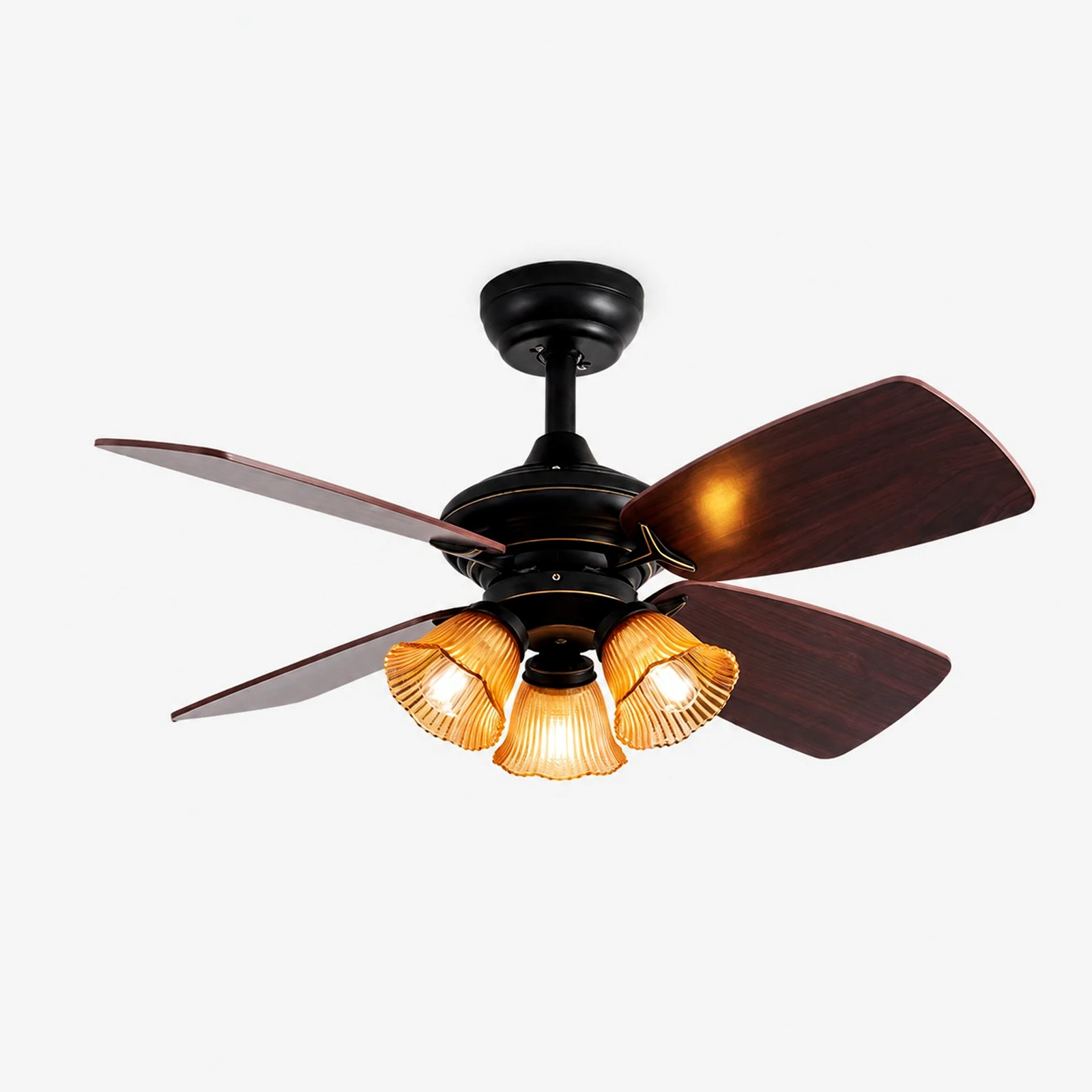 Ventilatore da soffitto con lampada a sospensione in vetro ambrato nero, stile asta, vista angolata