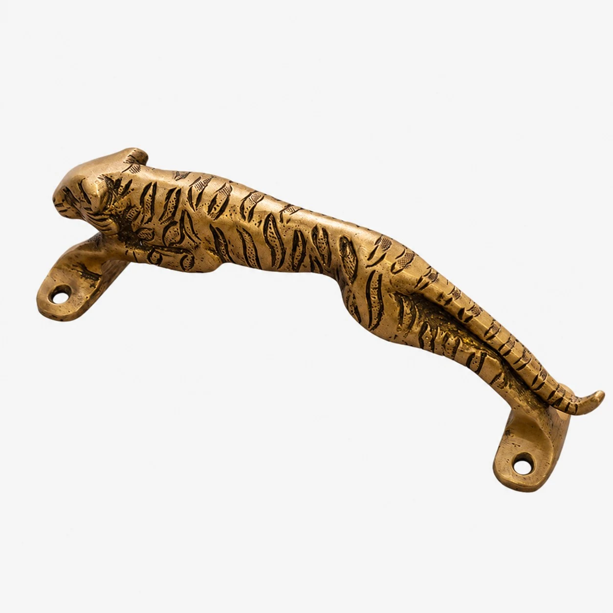 Poignées de porte artisanales en laiton, motif animal - Jaguar, laiton antique standard