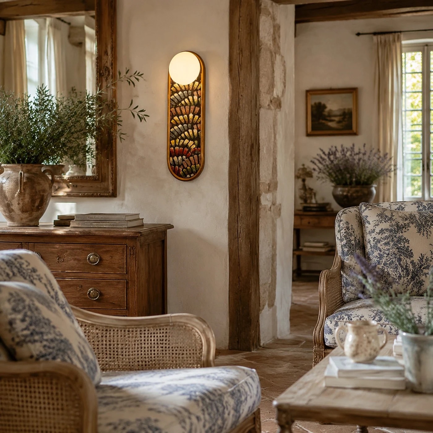 Fabric wall sconce installed above a console in a bright living room